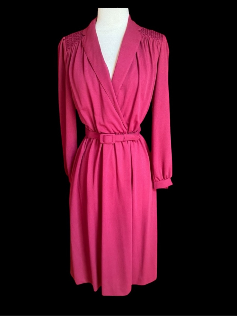 1980s David Warren Vibrant Magenta Poly Mock-Wrap Blouson Career Dress